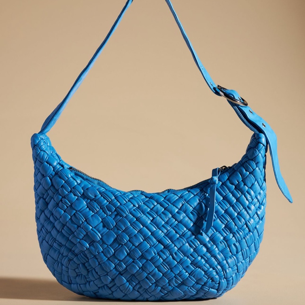 Anthropologie Bright Blue Woven Leather Hobo Bag - Picture 2 of 4